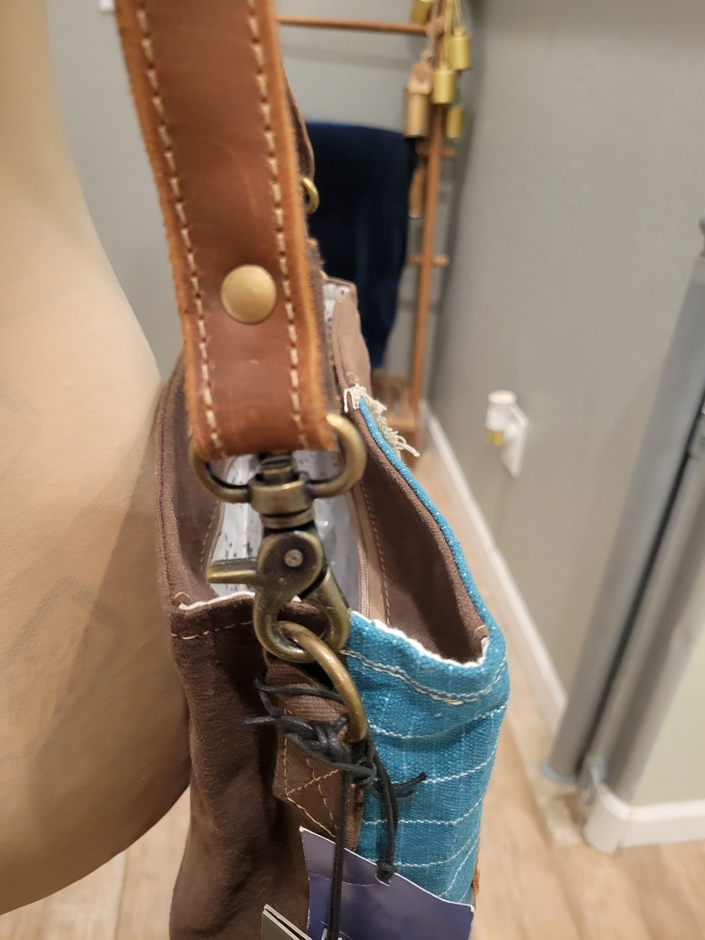Myra Bag Blue and Brown Patchwork Crossbody Bag - Picture 5 of 7
